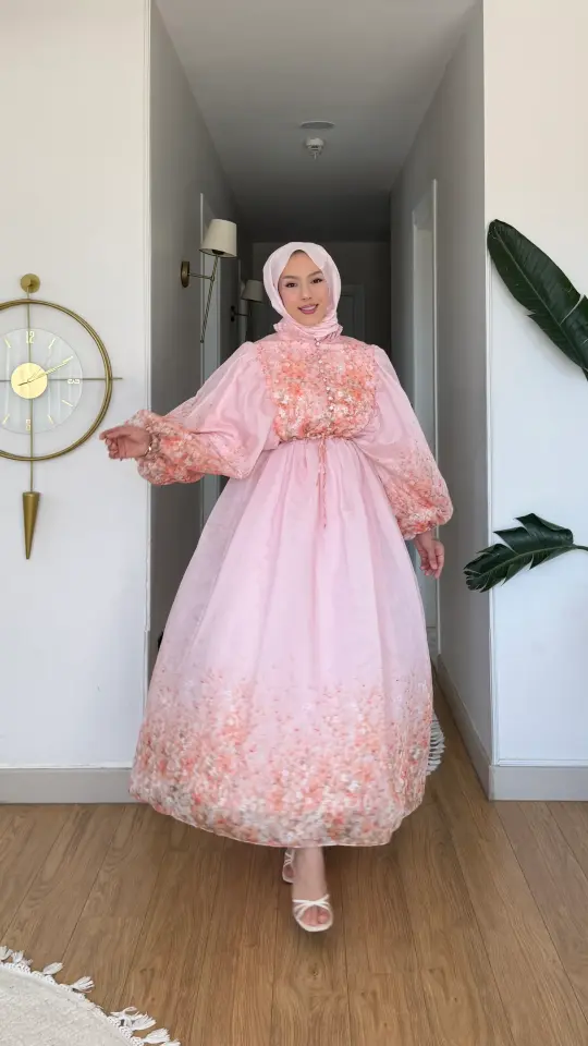 Yeni Sezon Amor Tül Modal Çiçek Desenli Elbise Pembe