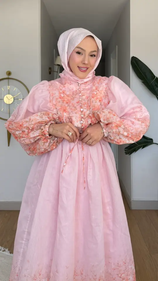Yeni Sezon Amor Tül Modal Çiçek Desenli Elbise Pembe