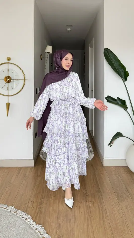 Yeni Sezon Peri Katlı Şifon Elbise Lila