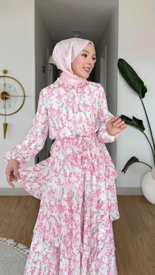 Yeni Sezon Peri Katlı Şifon Elbise Pembe