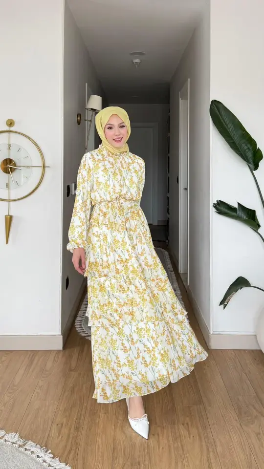 Yeni Sezon Peri Katlı Şifon Elbise Sarı