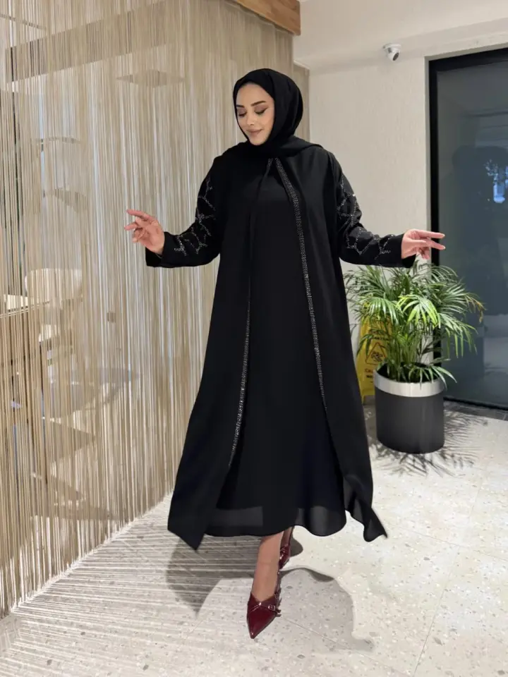 Taşı Şeritli Büyük Beden Anne Elbisesi Siyah