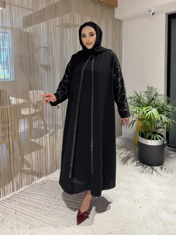 Taşı Şeritli Büyük Beden Anne Elbisesi Siyah