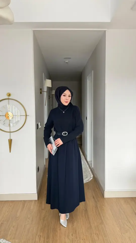 Yeni Sezon Eslem Elbise Krep Kemerli Lacivert
