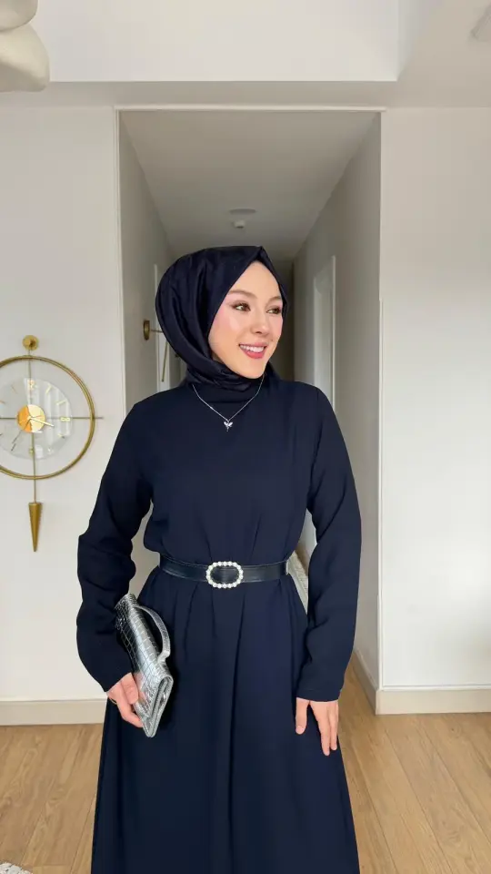 Yeni Sezon Eslem Elbise Krep Kemerli Lacivert