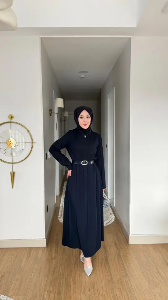 Yeni Sezon Eslem Elbise Krep Kemerli Lacivert