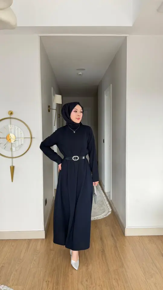 Yeni Sezon Eslem Elbise Krep Kemerli Lacivert