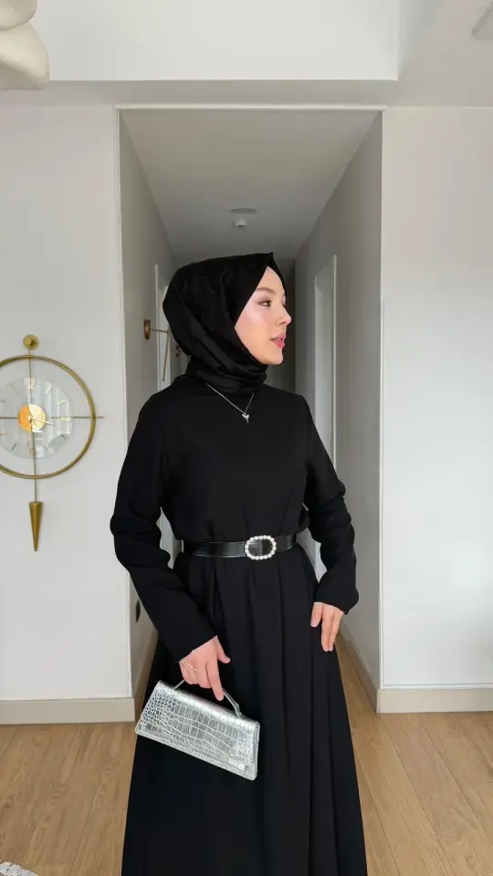Yeni Sezon Eslem Elbise Krep Kemerli Siyah