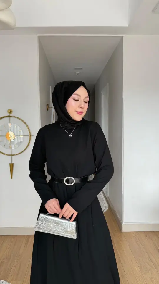 Yeni Sezon Eslem Elbise Krep Kemerli Siyah