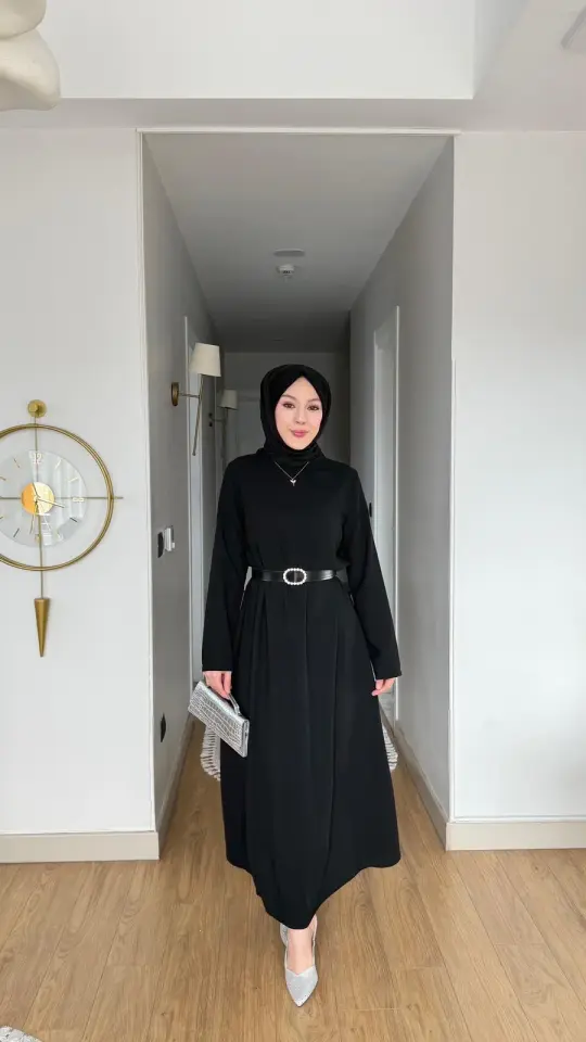 Yeni Sezon Eslem Elbise Krep Kemerli Siyah