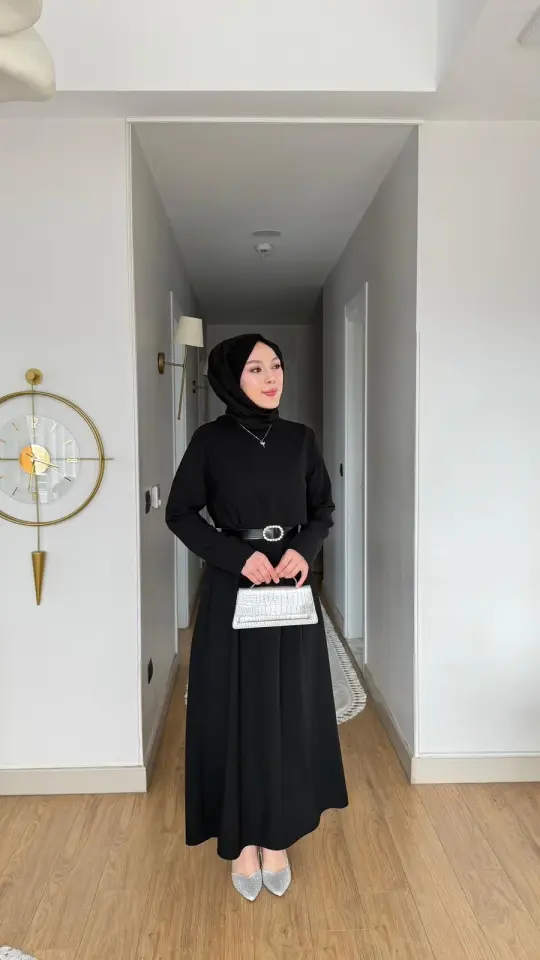 Yeni Sezon Eslem Elbise Krep Kemerli Siyah