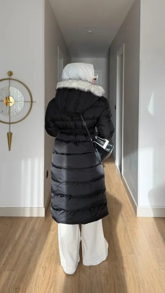 Premium Uzun Mont Kapüşonlu Kemerli Siyah