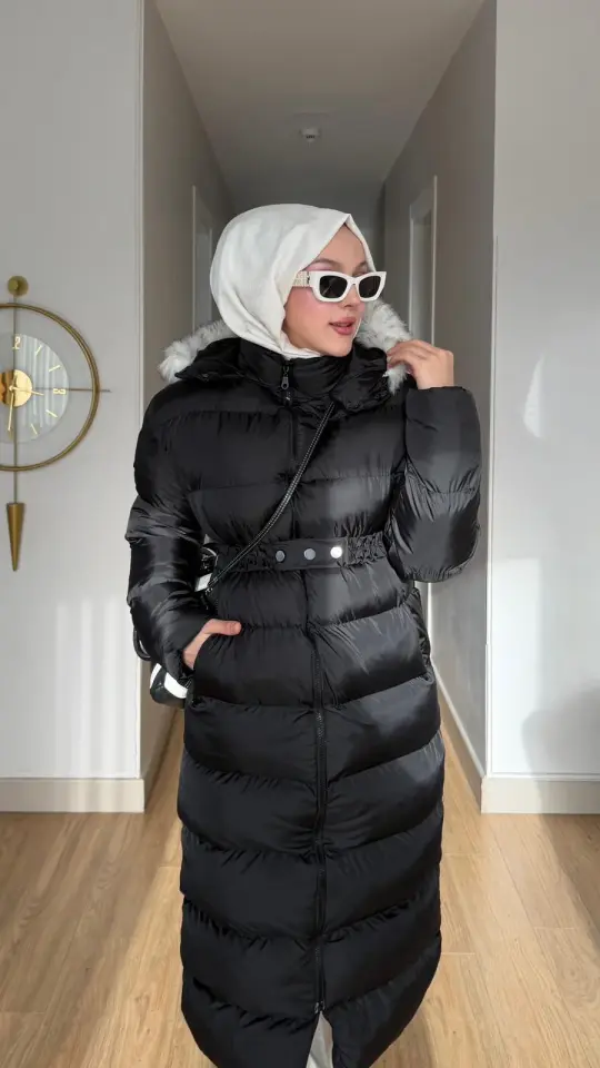 Premium Uzun Mont Kapüşonlu Kemerli Siyah