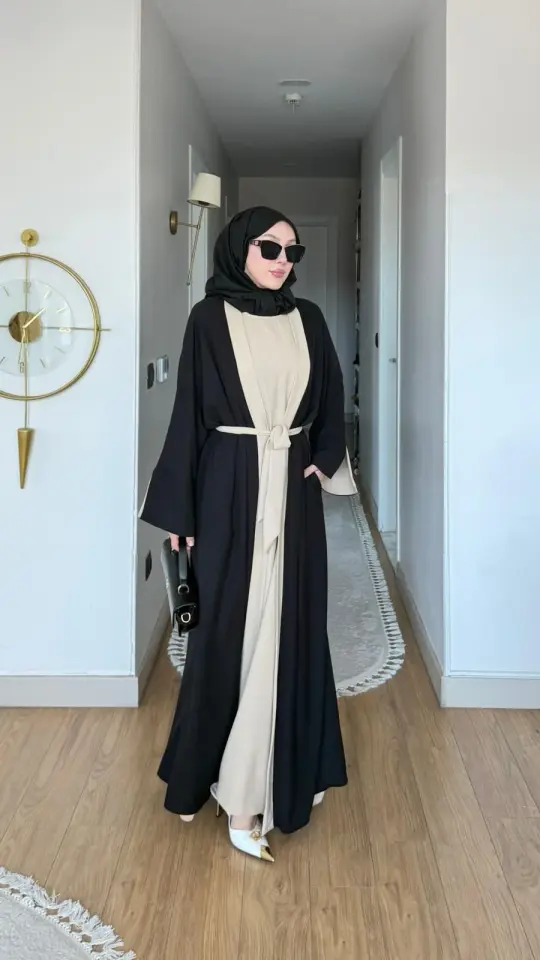 Yeni Sezon Noor Abaya (ABAYA - İÇLİK 2 PARÇA VE KUŞAKLI) Siyah