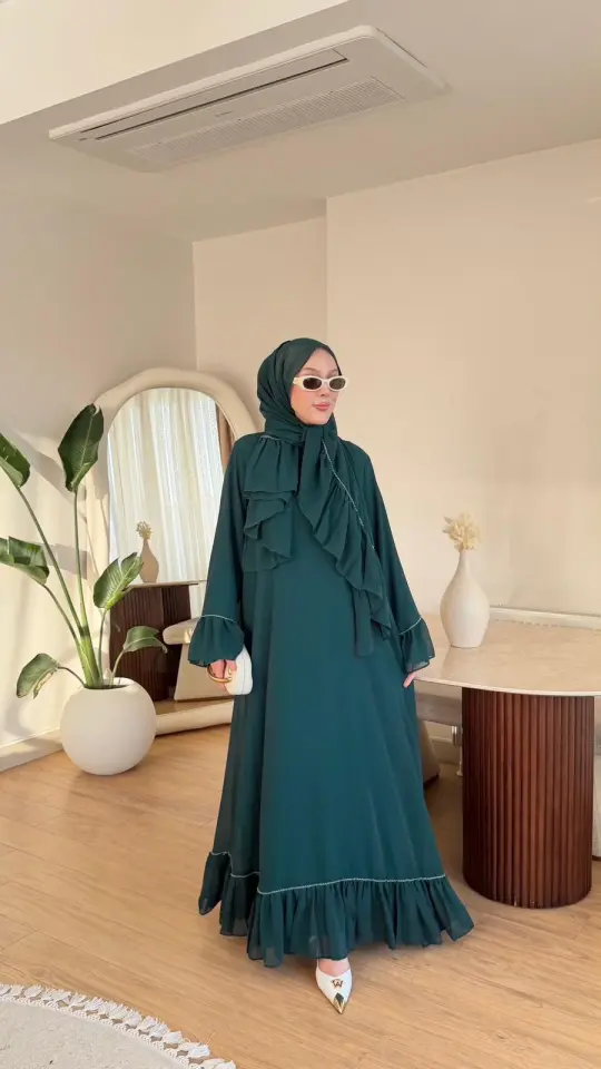 Yeni Sezon Safir Abaya (Şal Hedyeli) Zümrüt Yeşili