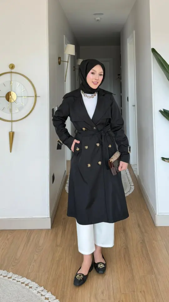 Miray Kemerli Düğme Detaylı Trençkot Siyah